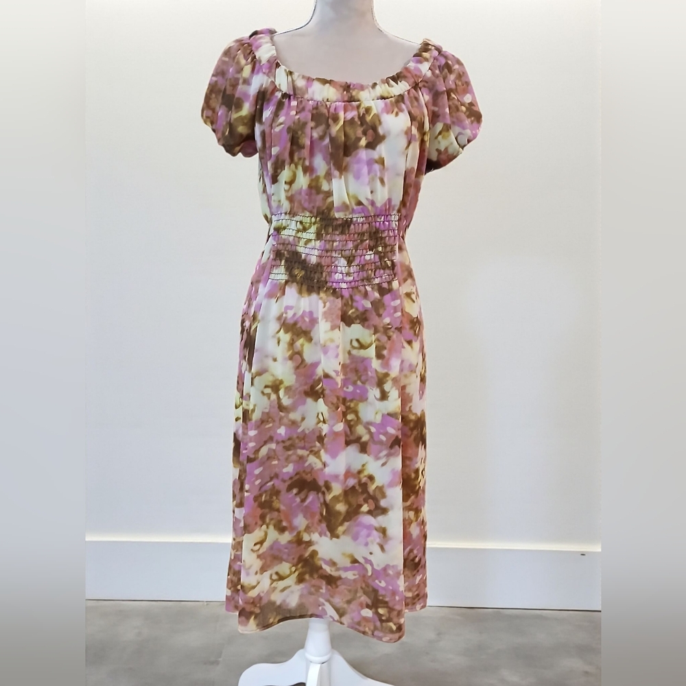 Vtg Y2K Lily Midi Floral Dress Medium Smocked Puff Sleeves Grunge Fairy Womans